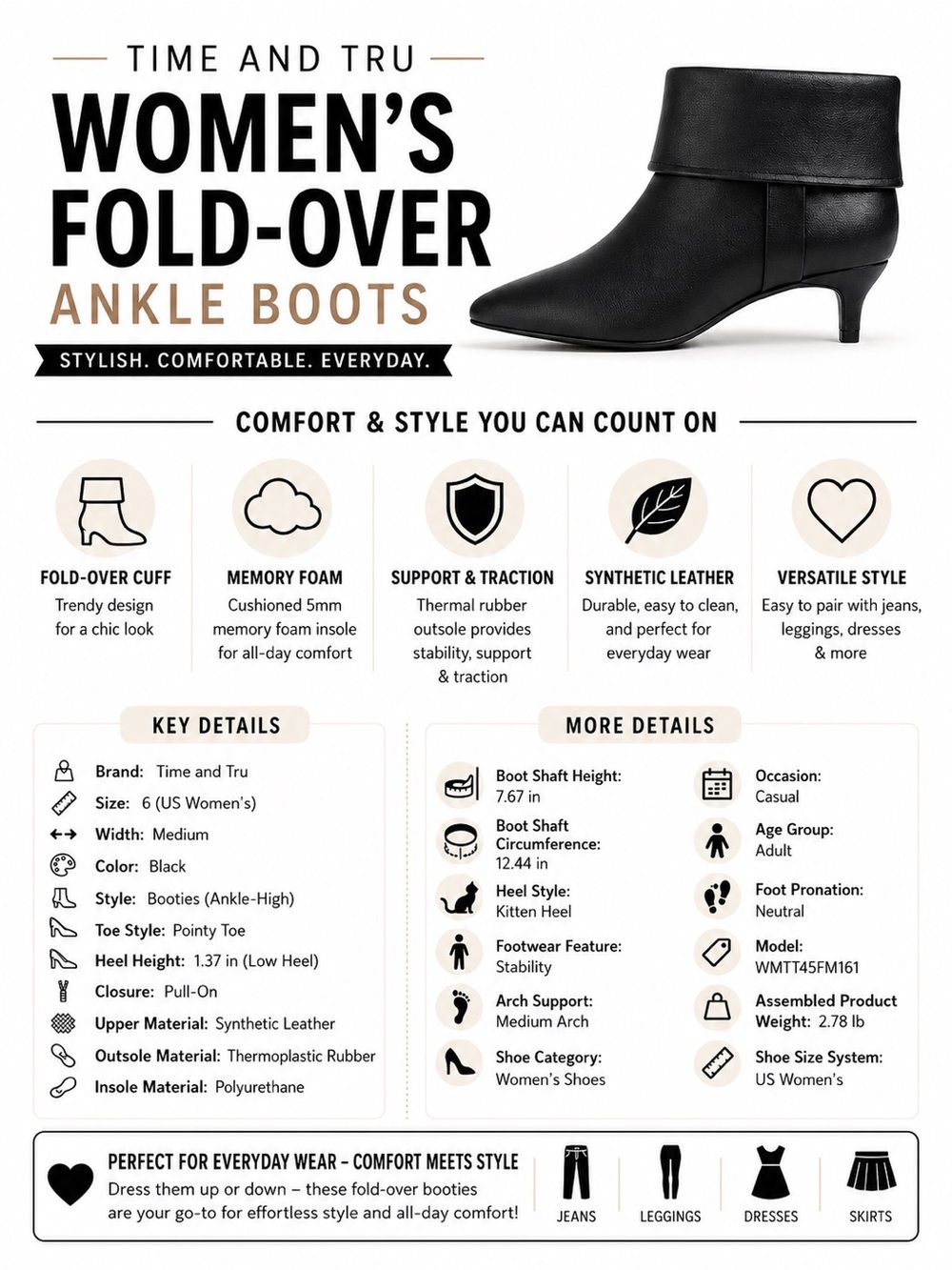 Time and Tru Fold Over Kitten Heel Ankle Boots Women’s 6 Black Memory Foam New - Picture 3 of 16